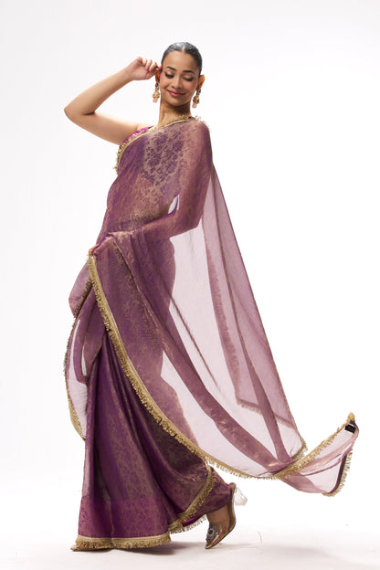 Dhiyona ST Purple Gold Q'la Chiffon Saree with Lace and Plush Blouse Fabric