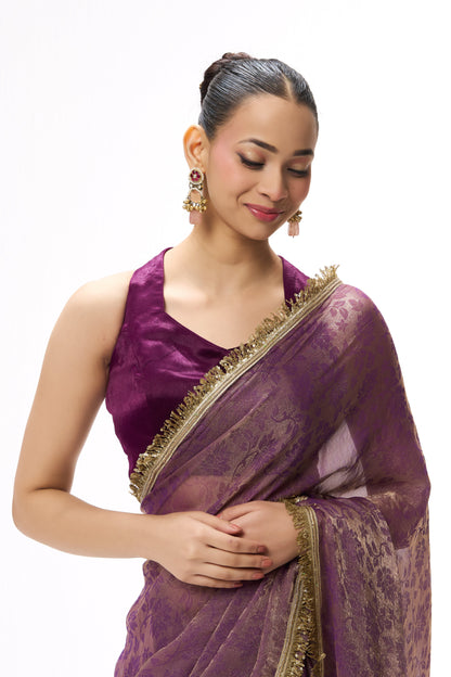 Dhiyona ST Purple Gold Q'la Chiffon Saree with Lace and Plush Blouse Fabric