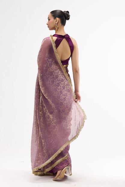 Dhiyona ST Purple Gold Q'la Chiffon Saree with Lace and Plush Blouse Fabric