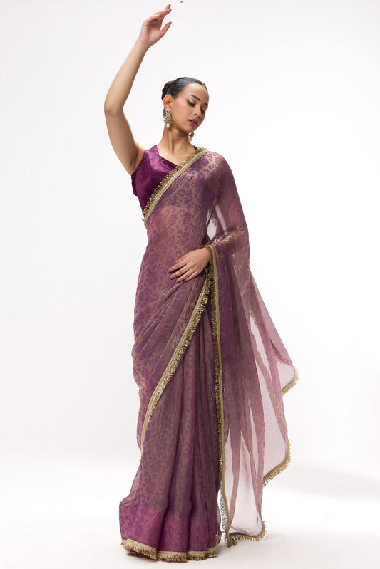 Dhiyona ST Purple Gold Q'la Chiffon Saree with Lace and Plush Blouse Fabric