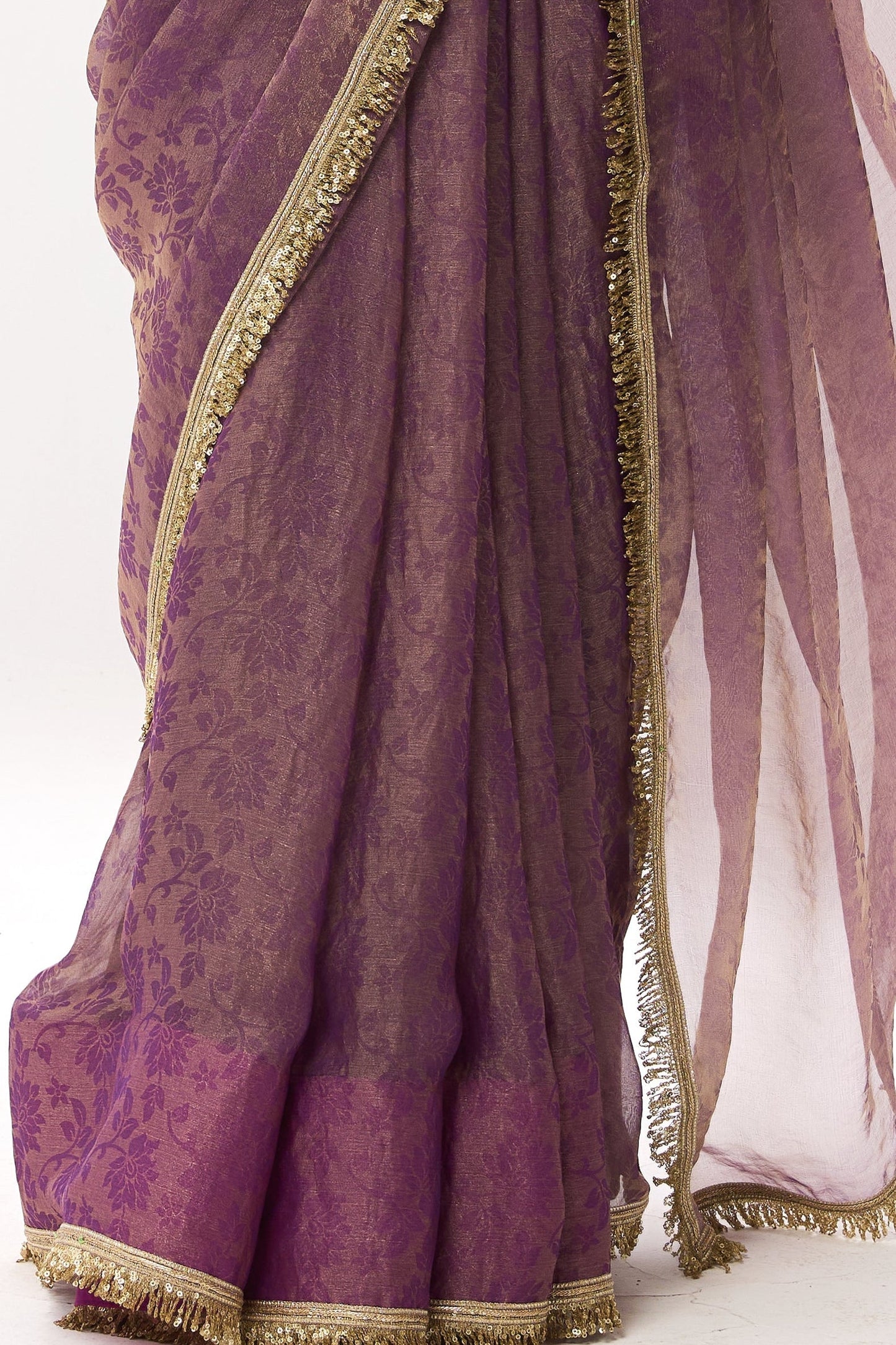 Dhiyona ST Purple Gold Q'la Chiffon Saree with Lace and Plush Blouse Fabric