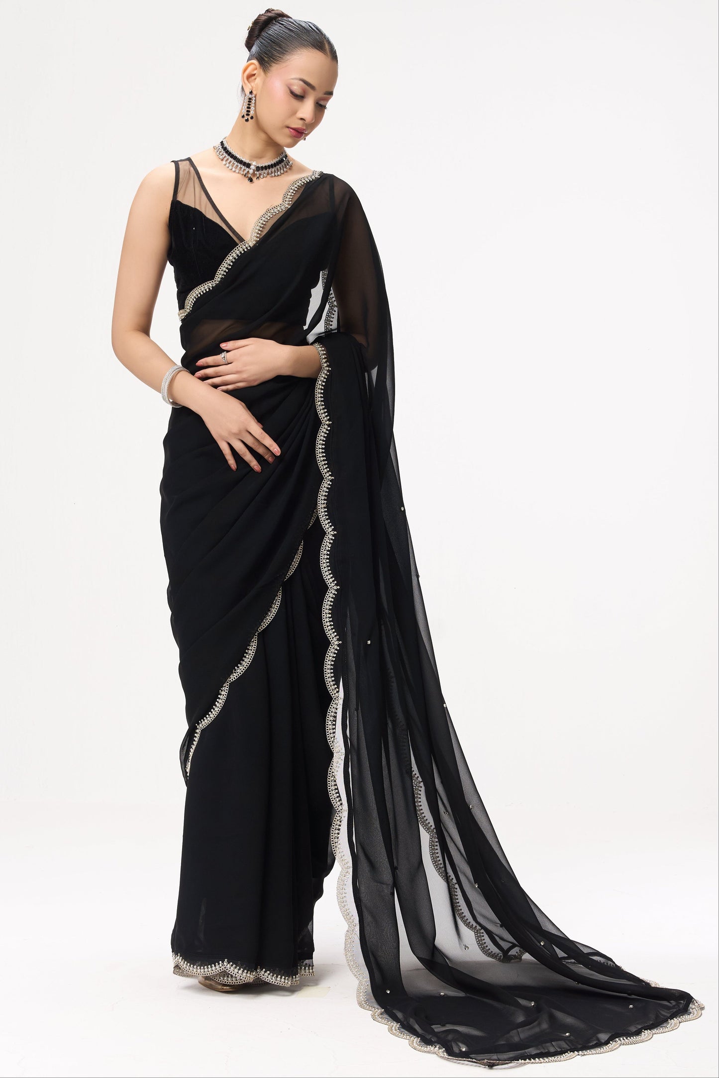 Dhiyona ST Ebony & Ivory Georgette Saree With Beaded Border and Self Fabric Blouse Fabric