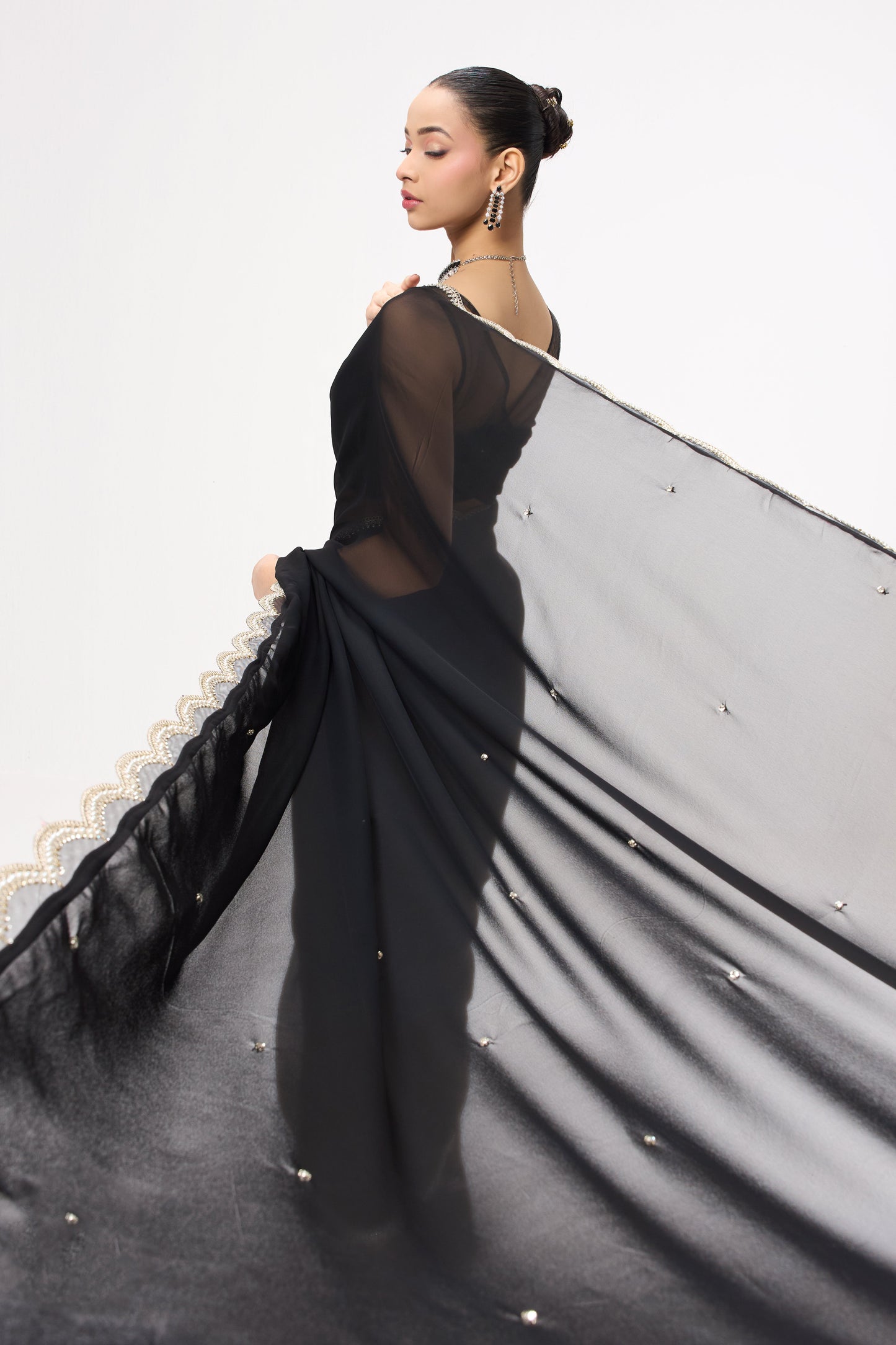 Dhiyona ST Ebony & Ivory Georgette Saree With Beaded Border and Self Fabric Blouse Fabric