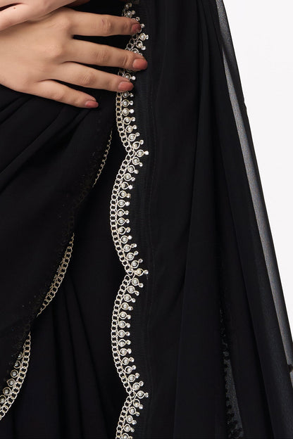 Dhiyona ST Ebony & Ivory Georgette Saree With Beaded Border and Self Fabric Blouse Fabric