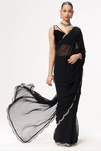 Dhiyona ST Ebony & Ivory Georgette Saree With Beaded Border and Self Fabric Blouse Fabric