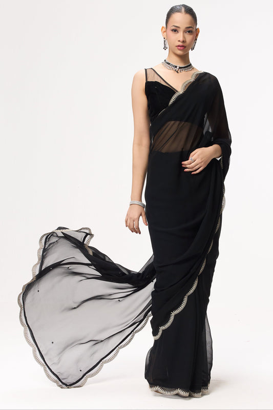 Dhiyona ST Ebony & Ivory Georgette Saree With Beaded Border and Self Fabric Blouse Fabric