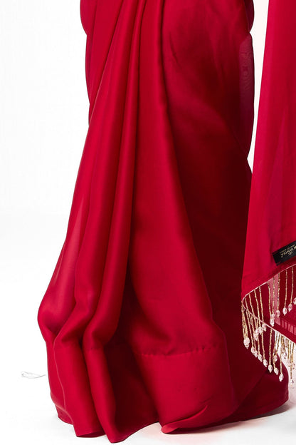 Dhiyona ST Red Satin Saree with Lace and Self Blouse Fabric