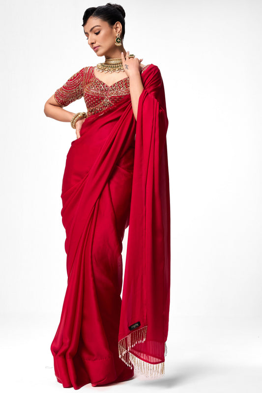 Dhiyona ST Red Satin Saree with Lace and Self Blouse Fabric