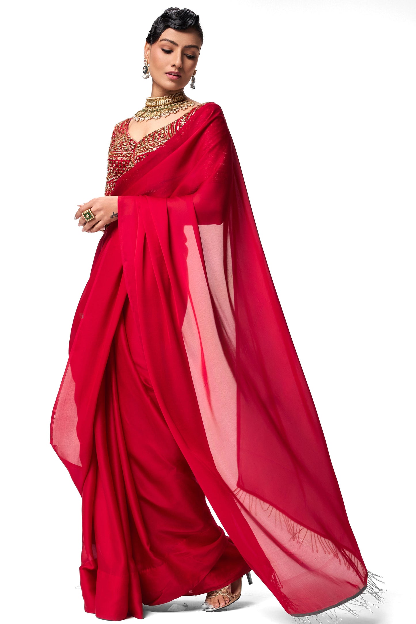 Dhiyona ST Red Satin Saree with Lace and Self Blouse Fabric