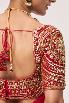 Dhiyona ST Red Hand Embroidered Cut Dana Sabya Blouse – Free-Size Adjustable 32–40 inches | Couture Designer Blouse