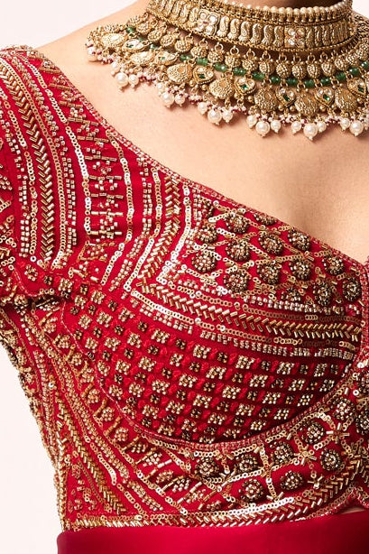 Dhiyona ST Red Hand Embroidered Cut Dana Sabya Blouse – Free-Size Adjustable 32–40 inches | Couture Designer Blouse