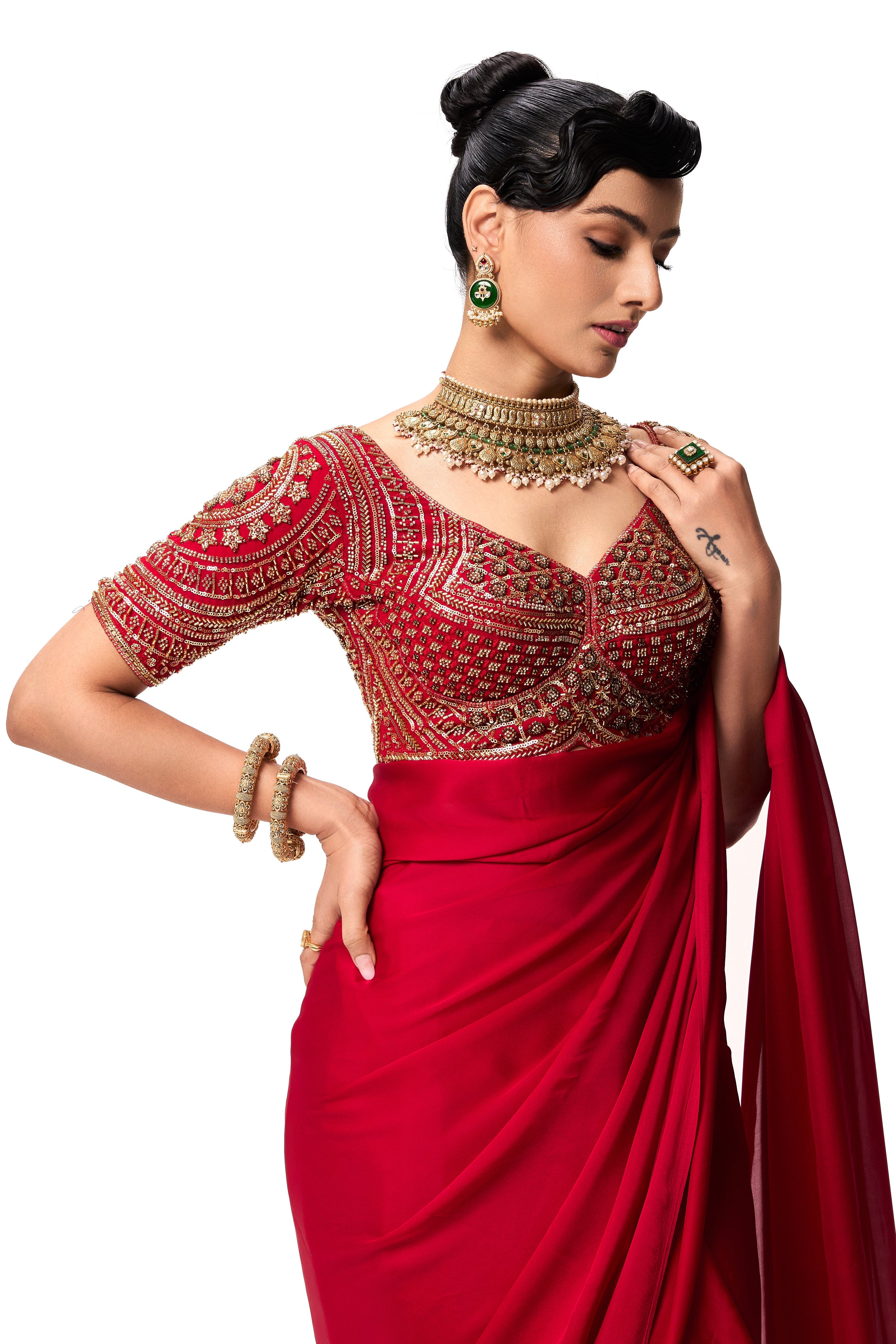 Dhiyona ST Red Hand Embroidered Cut Dana Sabya Blouse – Free-Size Adjustable 32–40 inches | Couture Designer Blouse