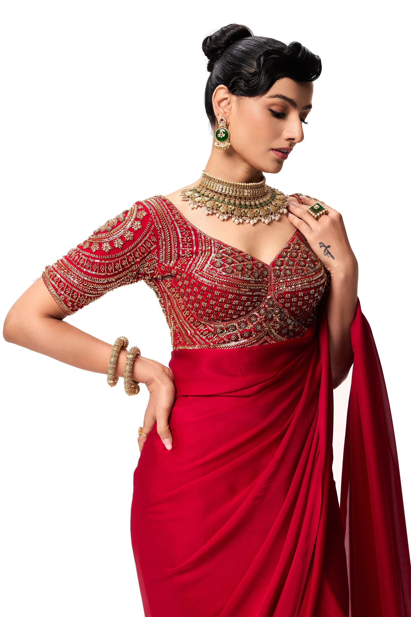 Dhiyona ST Red Hand Embroidered Cut Dana Sabya Blouse – Free-Size Adjustable 32–40 inches | Couture Designer Blouse