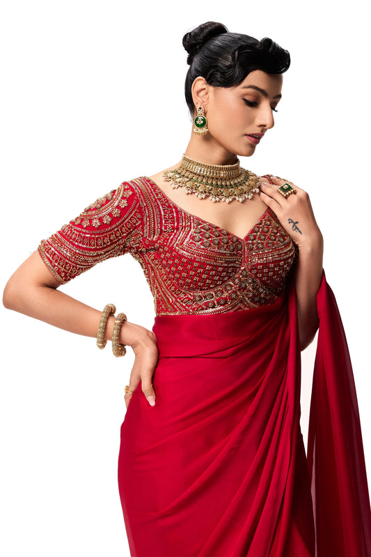 Dhiyona ST Red Hand Embroidered Cut Dana Sabya Blouse – Free-Size Adjustable 32–40 inches | Couture Designer Blouse