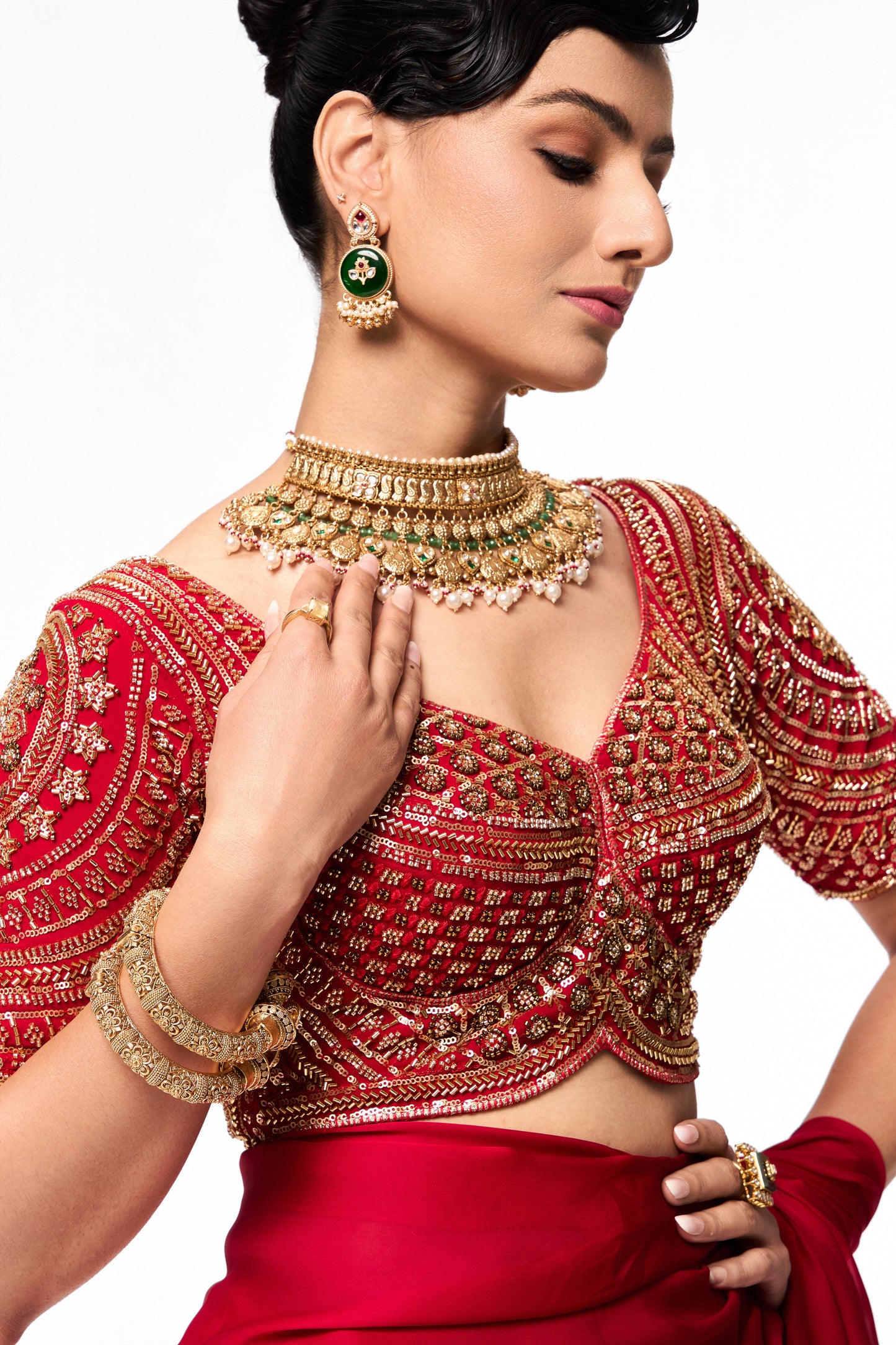 Dhiyona ST Red Hand Embroidered Cut Dana Sabya Blouse – Free-Size Adjustable 32–40 inches | Couture Designer Blouse