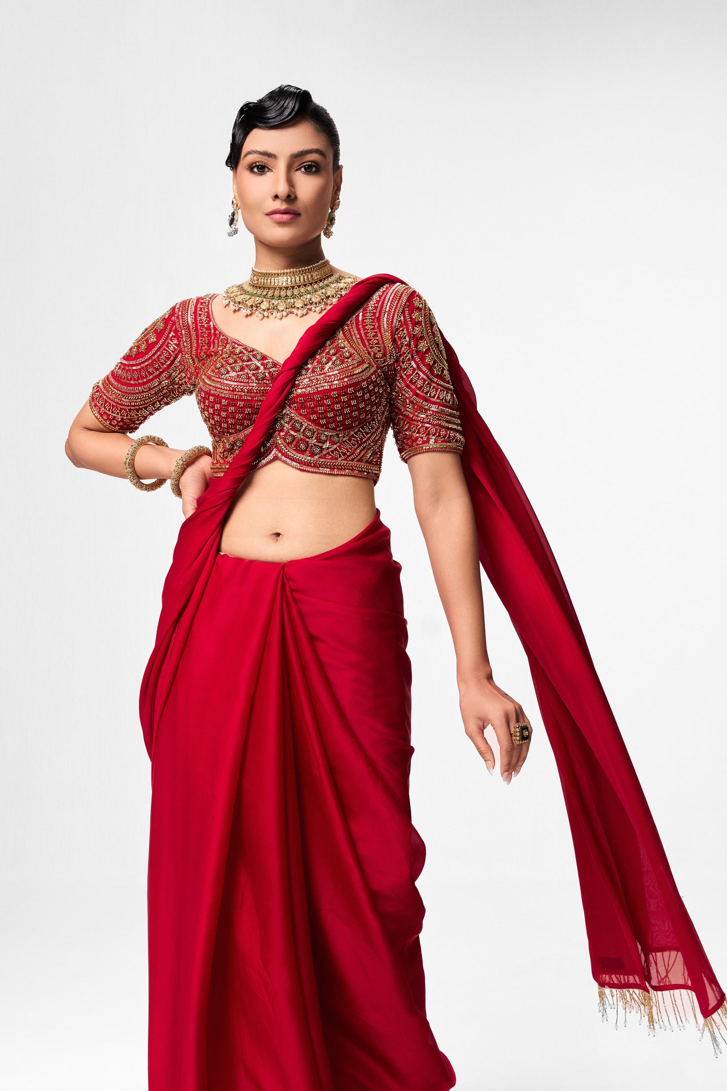 Dhiyona ST Red Hand Embroidered Cut Dana Sabya Blouse – Free-Size Adjustable 32–40 inches | Couture Designer Blouse