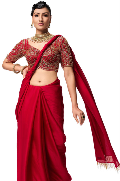 Dhiyona ST Red Satin Saree with Lace and Self Blouse Fabric