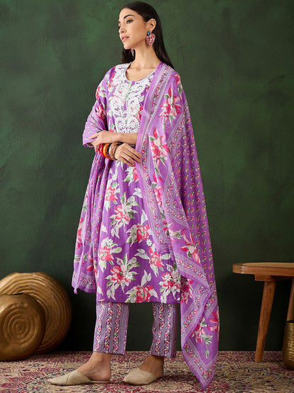 Floral Printed Thread Work Pure Cotton Kurta With Trousers & Dupatta