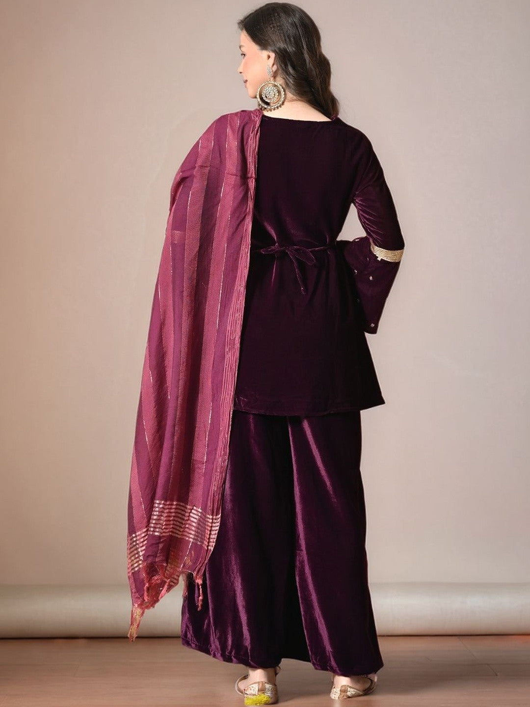 Velvet V-Neck Kurti & Palazzos with Dupatta Set