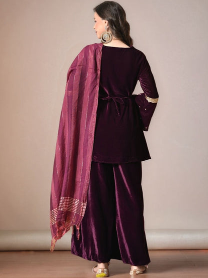 Velvet V-Neck Kurti & Palazzos with Dupatta Set