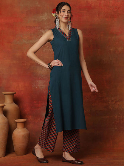 Women V-Neck A-Line Calf Length Kurta & Palazzos With Dupatta