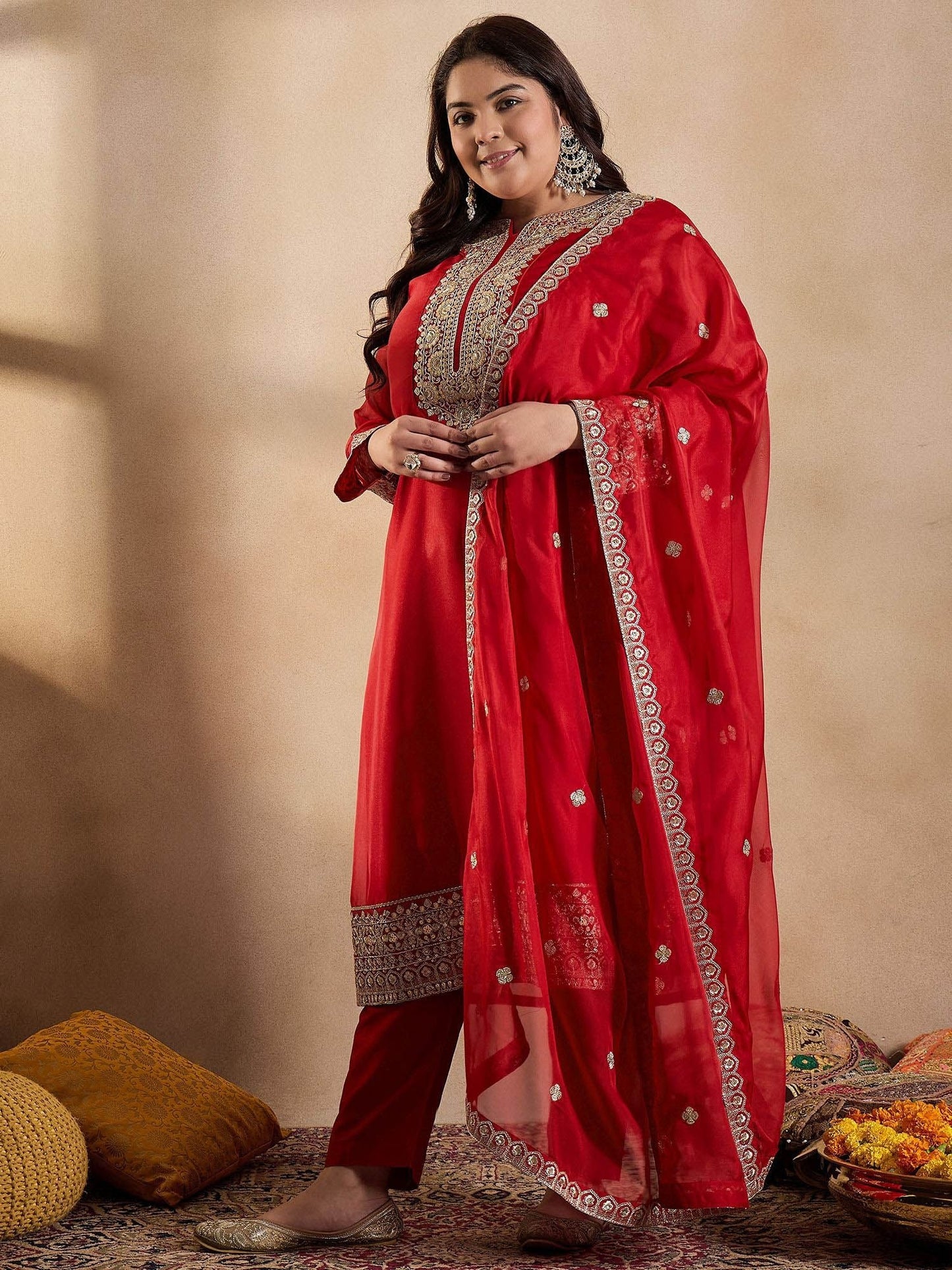 Dhiyona IN Women Ethnic Motifs Yoke Design Regular Sequinned Kurta with Trousers & With Dupatta