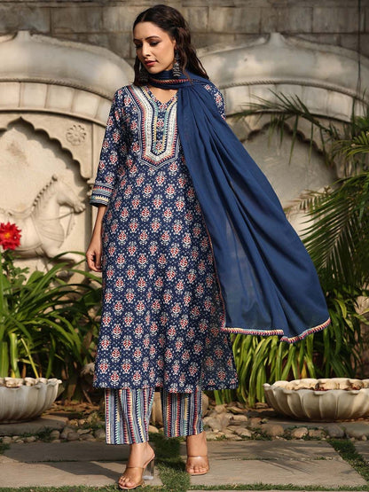 Dhiyona RR Women's Printed Regular Mirror Work Pure Cotton Kurta with Trousers & With