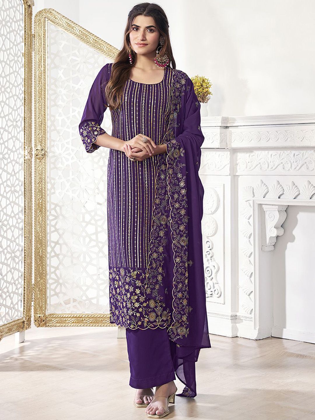 Dhiyona IN Women Floral Thread Sequinned Embroidered Kurta, Palazzos & Dupatta Set