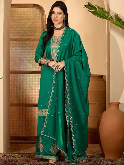 Dhiyona SN Floral Embroidered Round Neck Straight Kurta & Palazzos With Dupatta