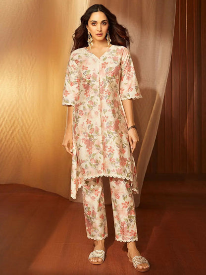 Women's LB Khwaab Beige Printed Chanderi Silk A-Line Kurta With Trousers