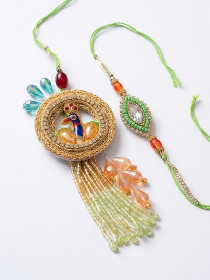 Dhiyona Set Of 2 Artificial Stones Designer Bhaiya Bhabhi Rakhi With Roli Chawal Chandan
