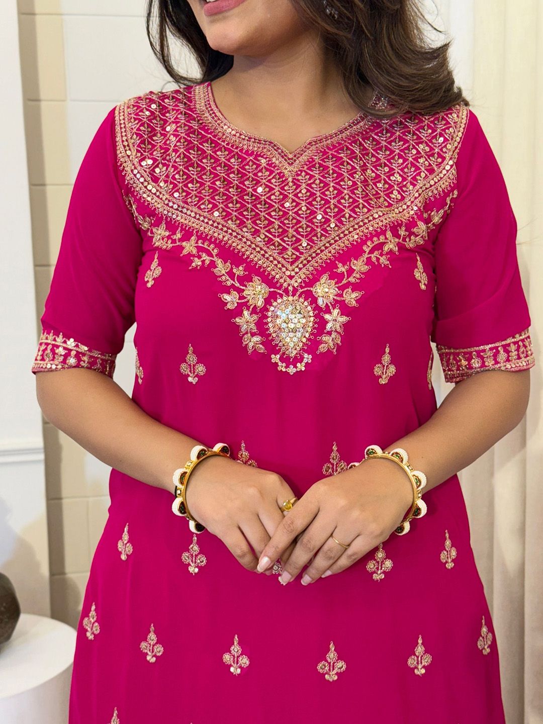 Dhiyona KL Ethnic Motifs Embroidered Notch Neck Thread Work Kurta With Sharara & Dupatta