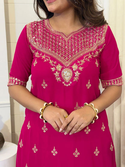 Dhiyona KL Ethnic Motifs Embroidered Notch Neck Thread Work Kurta With Sharara & Dupatta