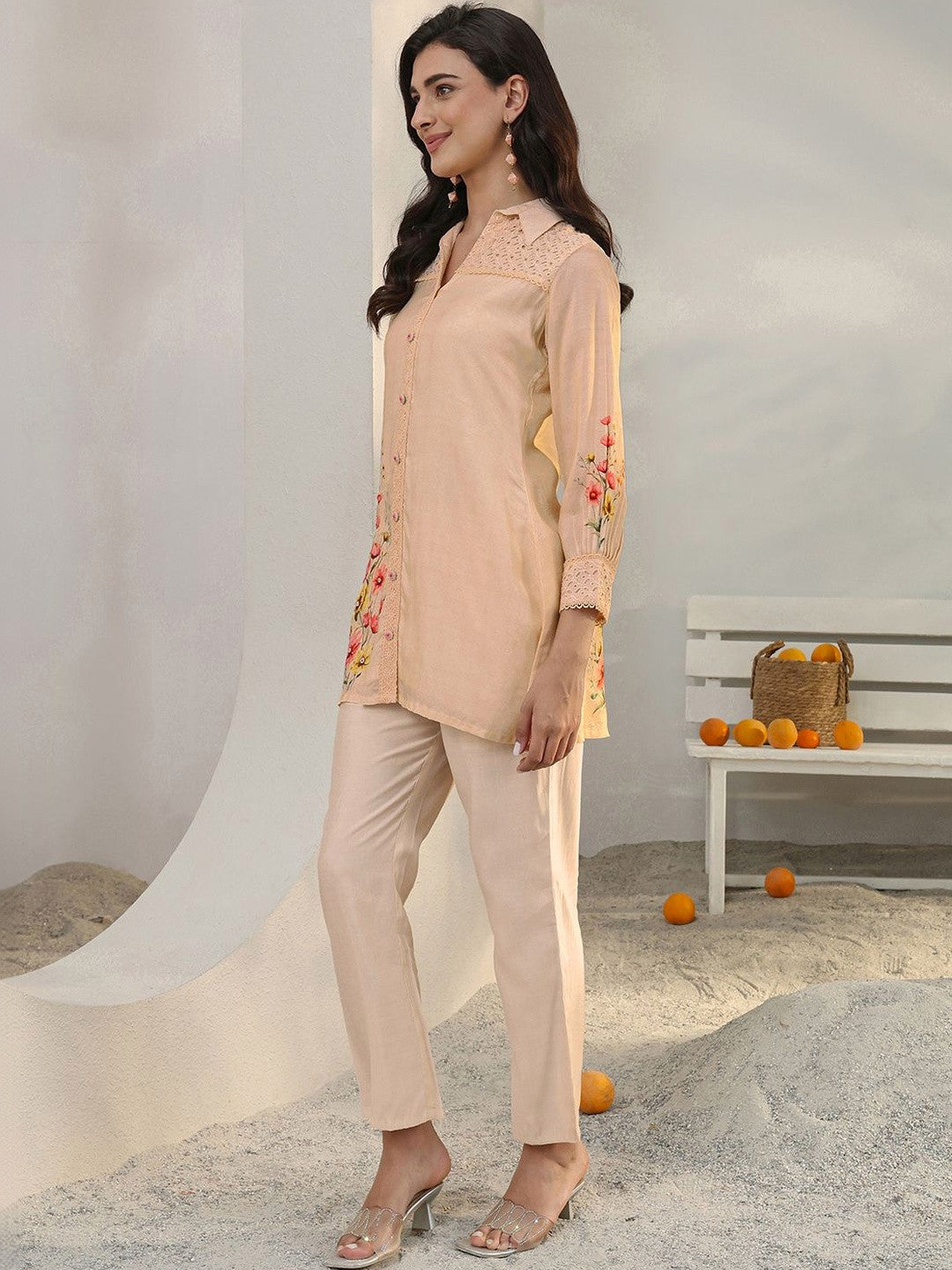 Peach Floral Printed Silk Blend Straight Kurta Set