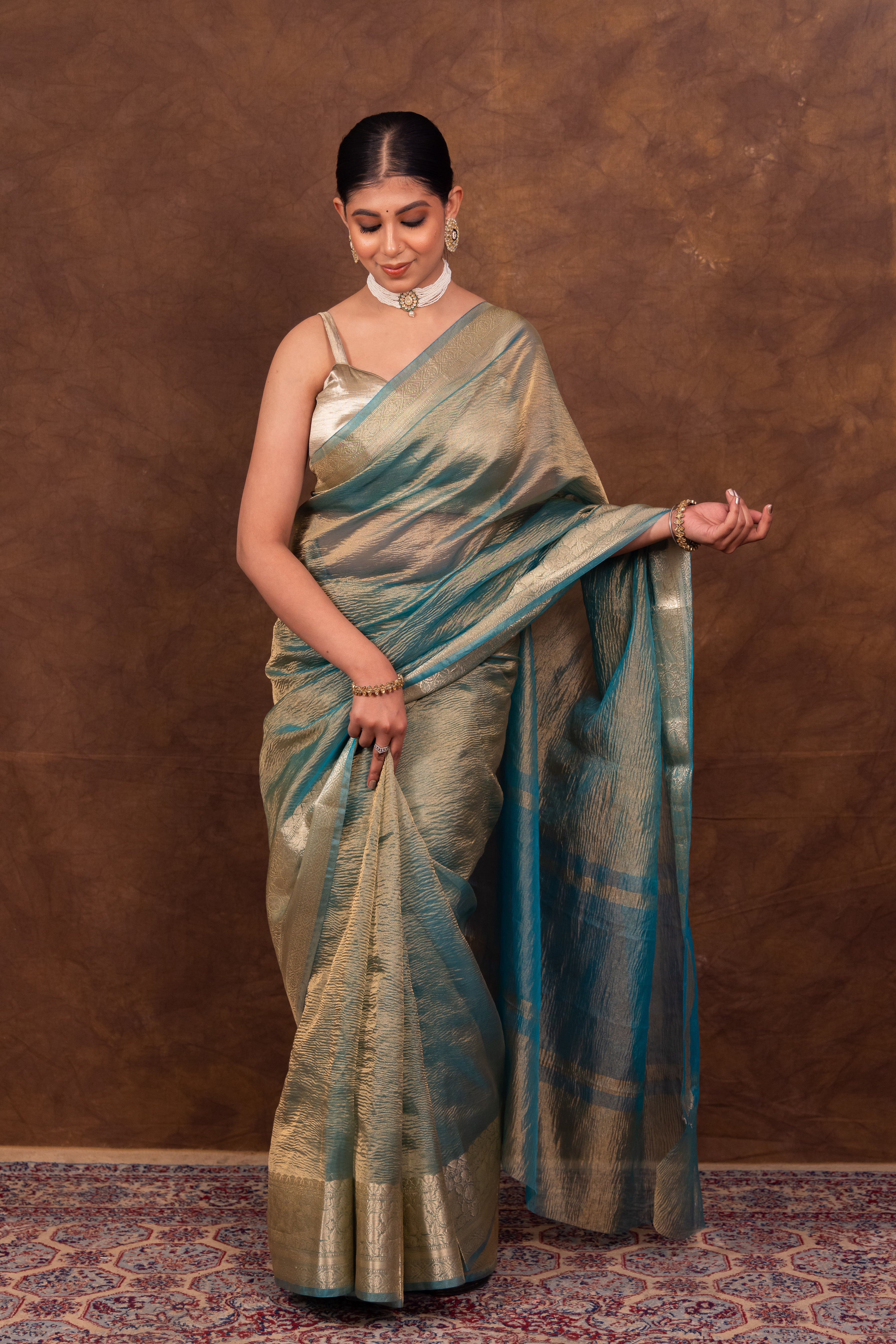 Dhiyona HH Firozi Blue Crushed Tissue Silk Saree | Banarasi Woven Saree