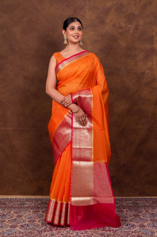 Dhiyona HH Orange & Rani Banarasi Skirt Border Soft Organza Saree | Body Hugging Classic Saree For All Occasions