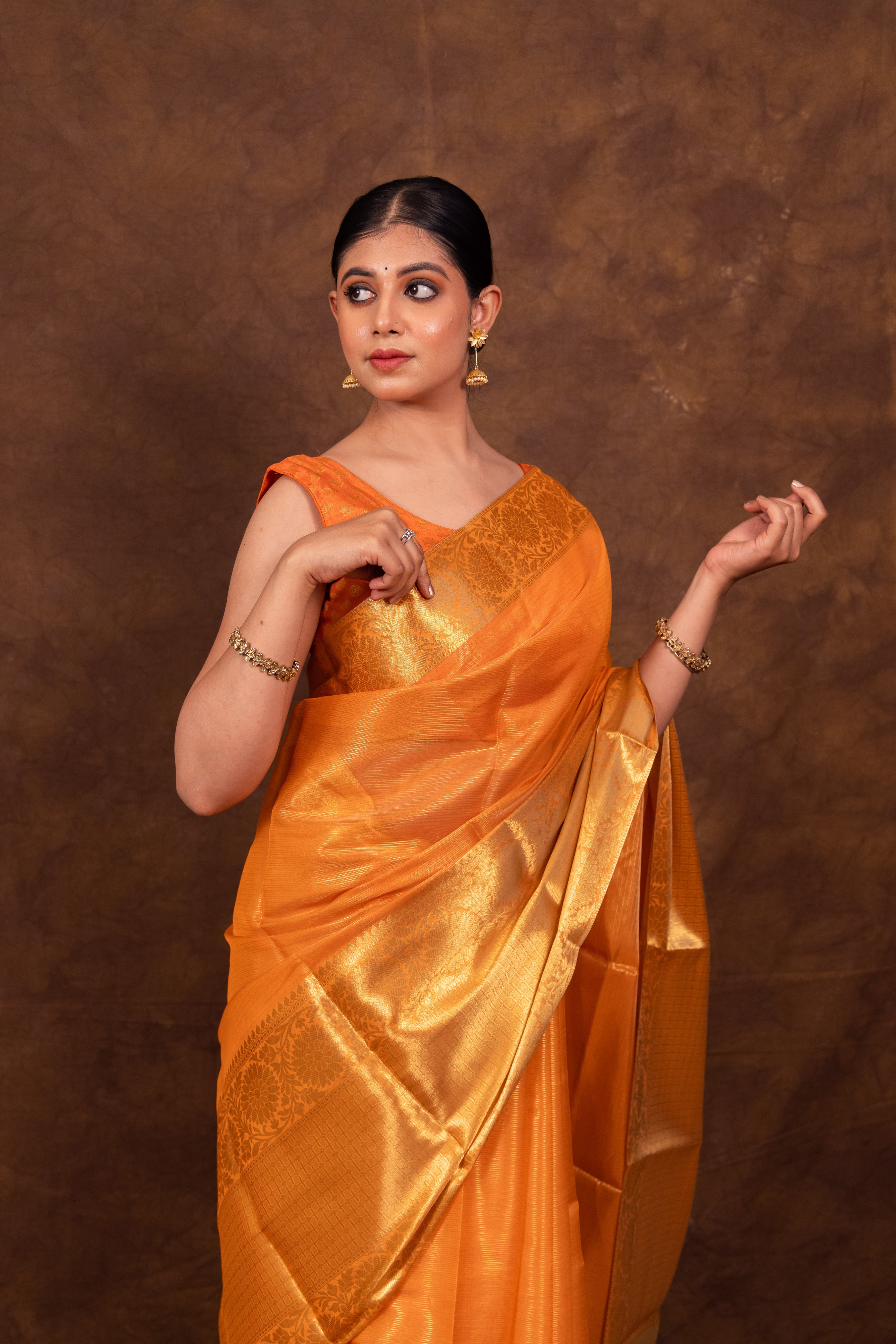 Dhiyona HH Coral Orange Banarasi Woven Soft Tissue Silk Saree From Hanfi Handicraft