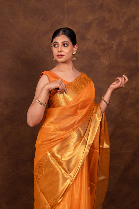 Dhiyona HH Coral Orange Banarasi Woven Soft Tissue Silk Saree From Hanfi Handicraft