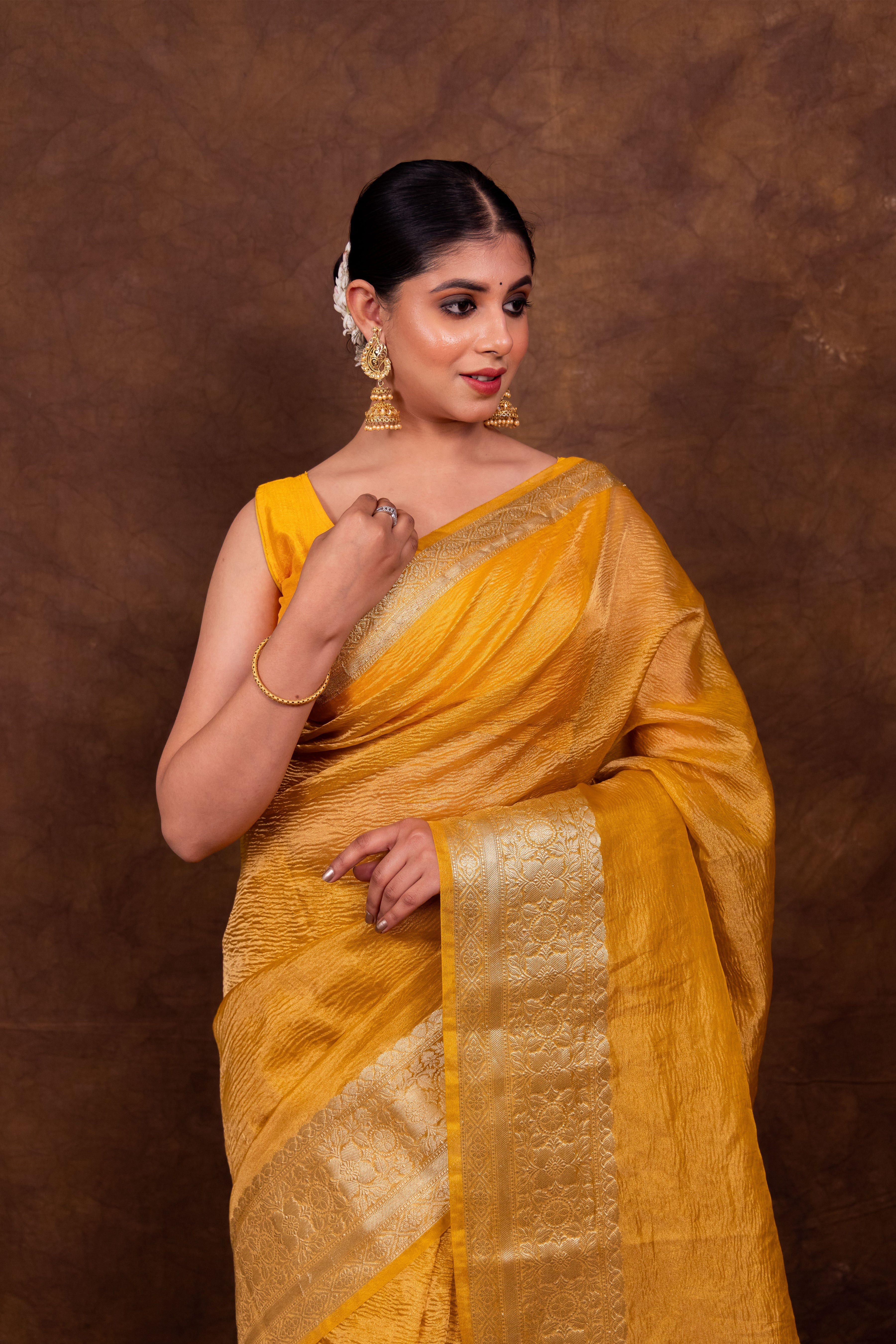 Dhiyona HH Subtle Gold Crushed Tissue Silk Saree | Banarasi Woven Saree