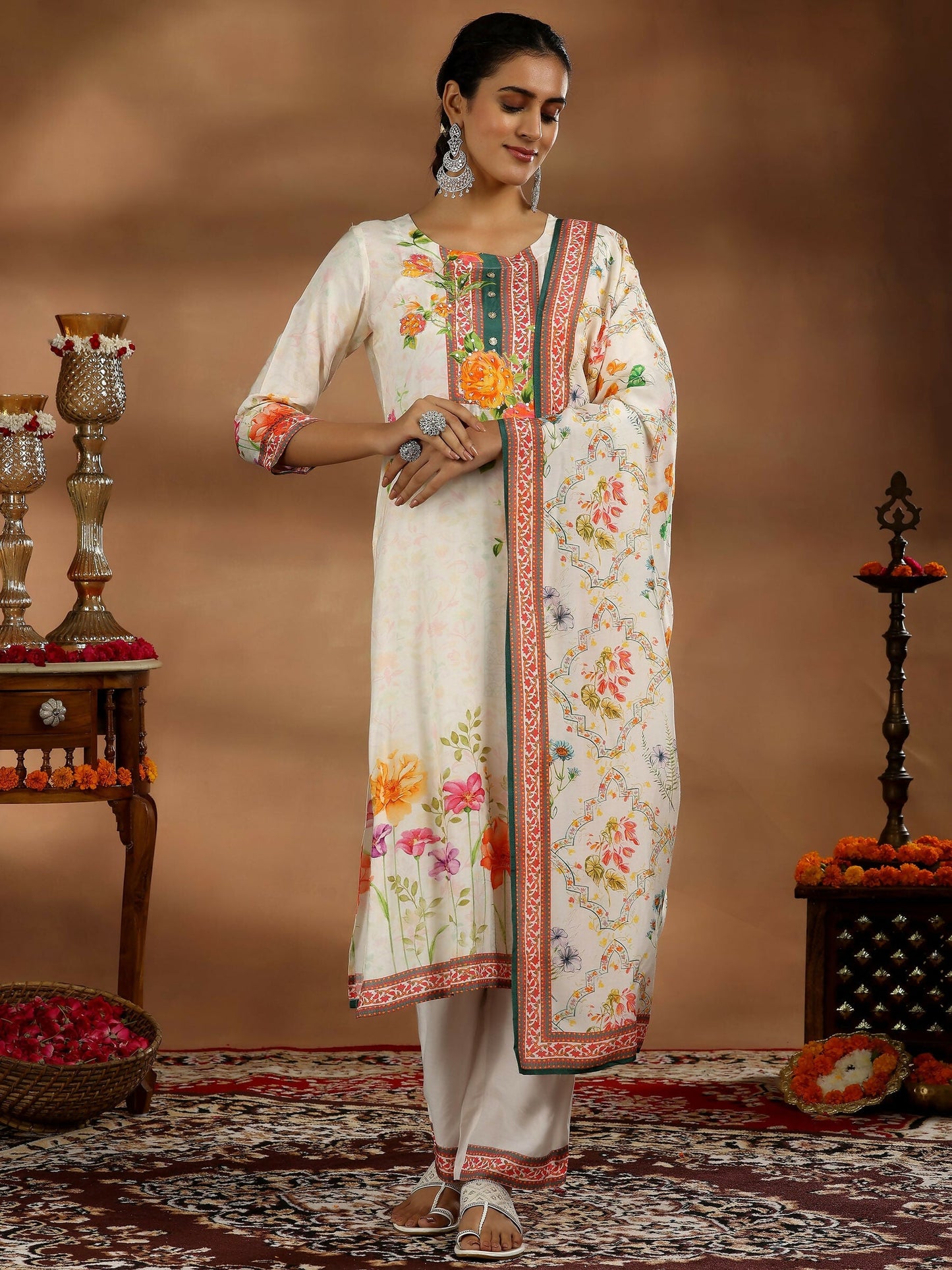 Women's LB Off White Printed Cotton Blend Straight Suit With Dupatta