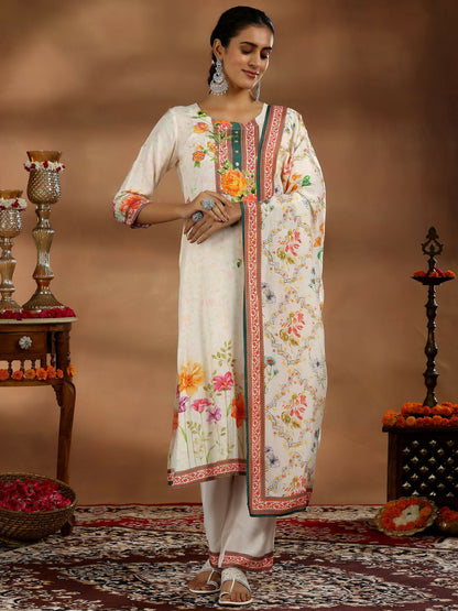 Women's LB Off White Printed Cotton Blend Straight Suit With Dupatta