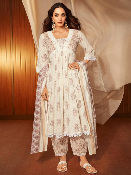 Women's LB Jannat White Printed Cotton A-Line Kurta With Salwar & Dupatta