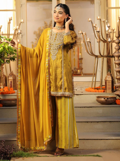 Dhiyona SC Women Ethnic Motifs Embroidered Kurta with Sharara & Dupatta