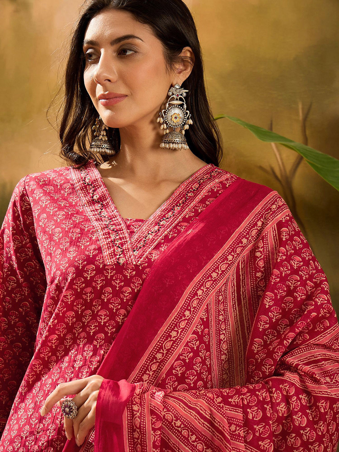 Floral Printed Pure Cotton Straight Kurta With Palazzos & Dupatta Set