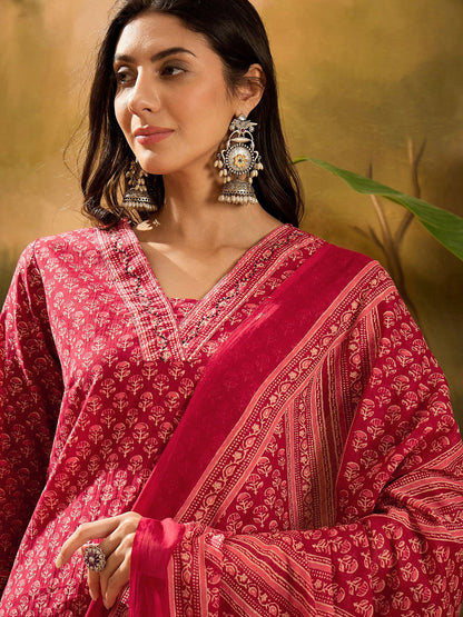 Floral Printed Pure Cotton Straight Kurta With Palazzos & Dupatta Set