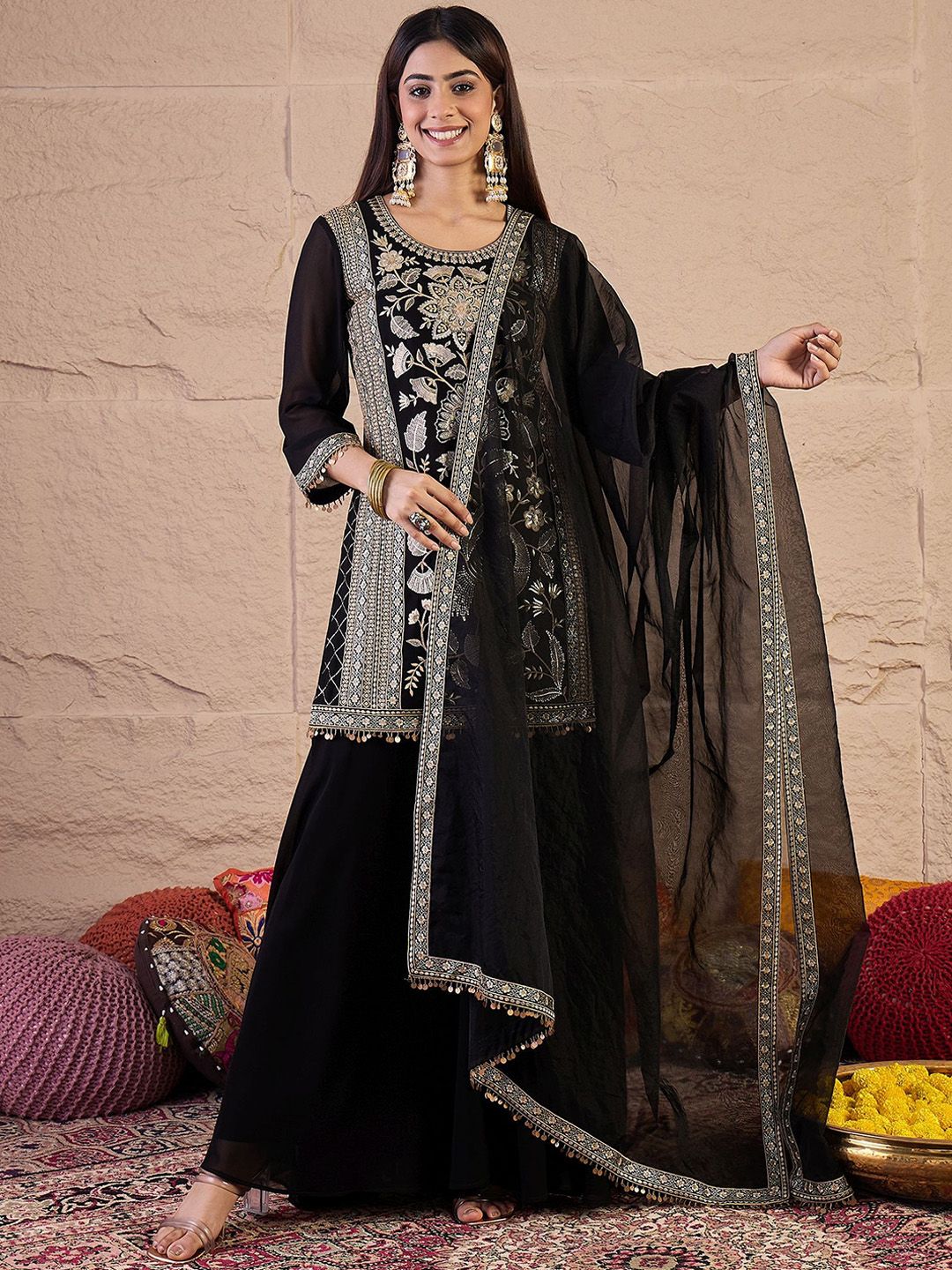 Dhiyona IN Women Embroidered Kurta with Sharara & Dupatta