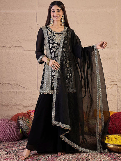 Dhiyona IN Women Embroidered Kurta with Sharara & Dupatta