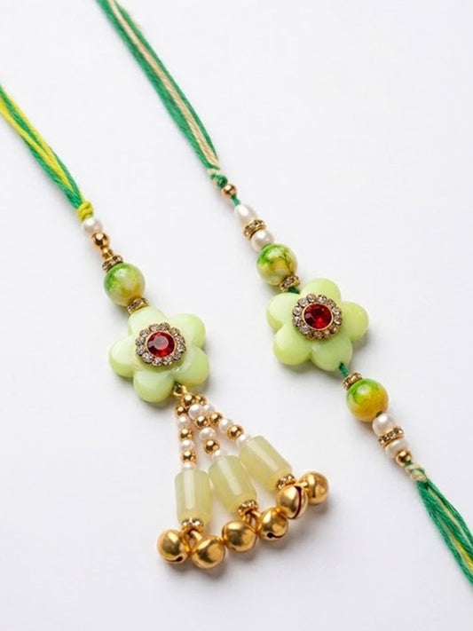 Anouk Set Of 2 Flower Shape Artificial Stones & Beads Bhaiya Bhabhi Rakhi With Roli Chawal