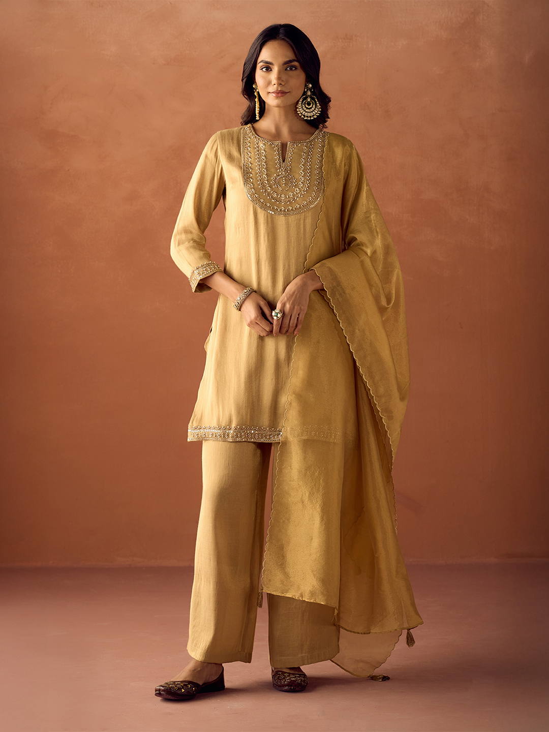Dhiyona FL Women Mustard Yellow Tissue Blend Hand Embroidered Kurta Set with Dupatta