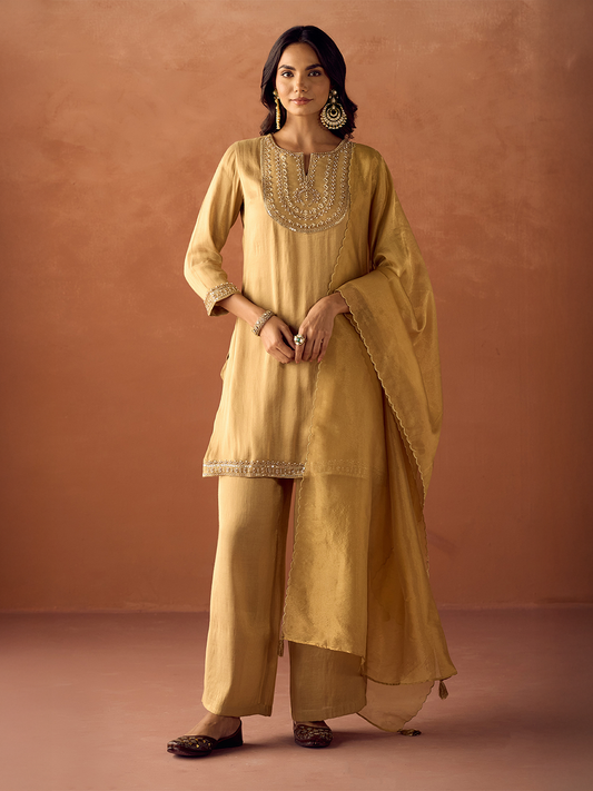 Dhiyona FL Women Mustard Yellow Tissue Blend Hand Embroidered Kurta Set with Dupatta